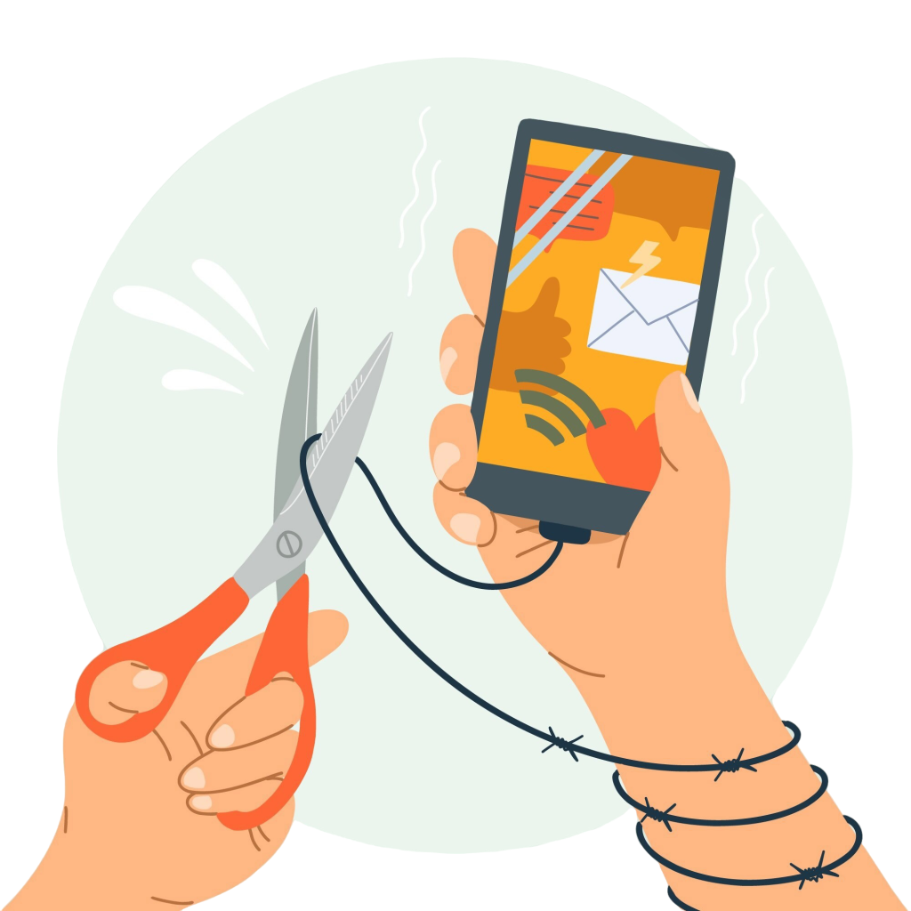 Hands cutting a cord tied to a smartphone with scissors, symbolizing disconnecting from smartphone dependency.