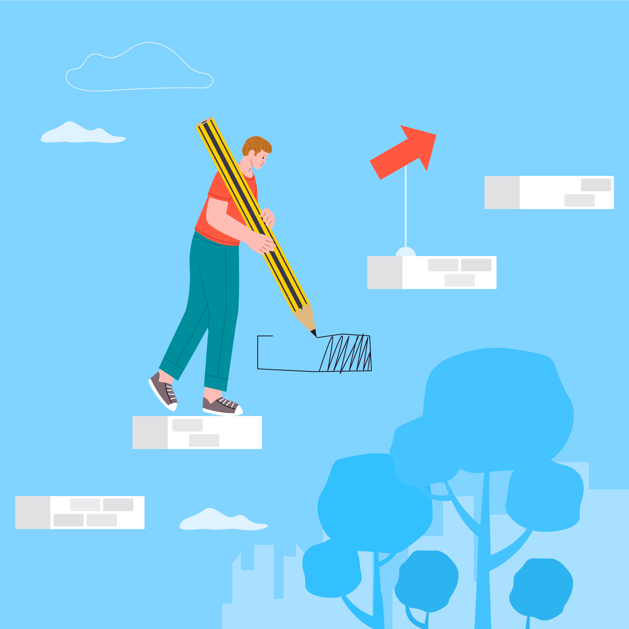 A person drawing steps in mid-air with a large pencil, symbolizing building a personal path toward success.