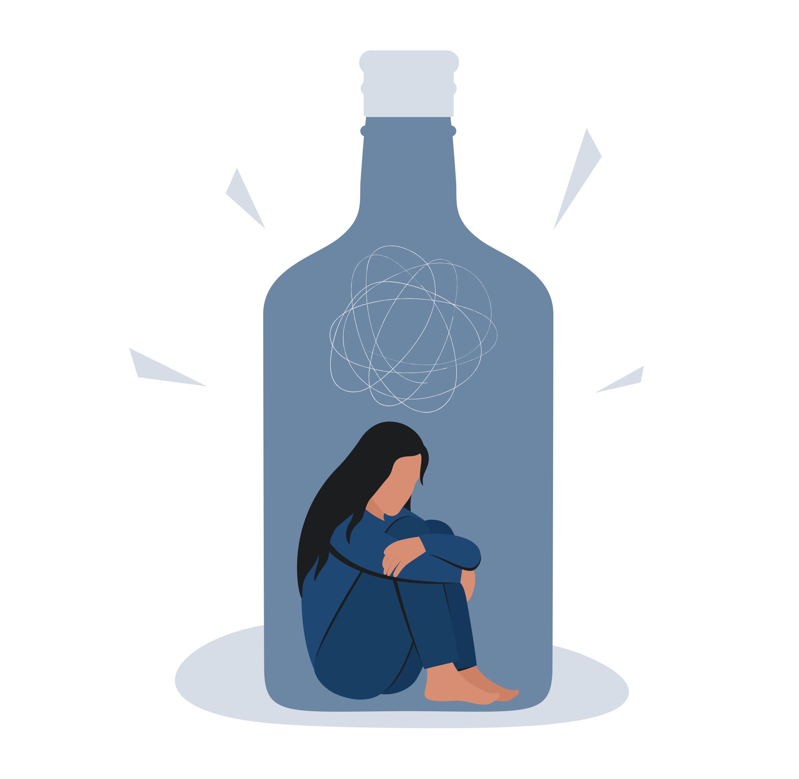 Illustration of a woman sitting inside a bottle, symbolizing isolation and emotional struggles from addiction.