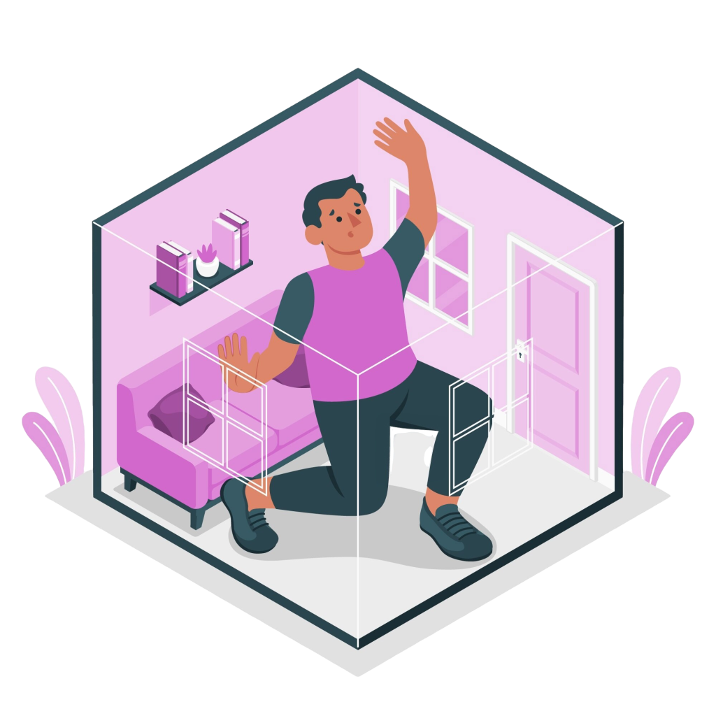 A man in a transparent box, symbolizing breaking out of his comfort zone.