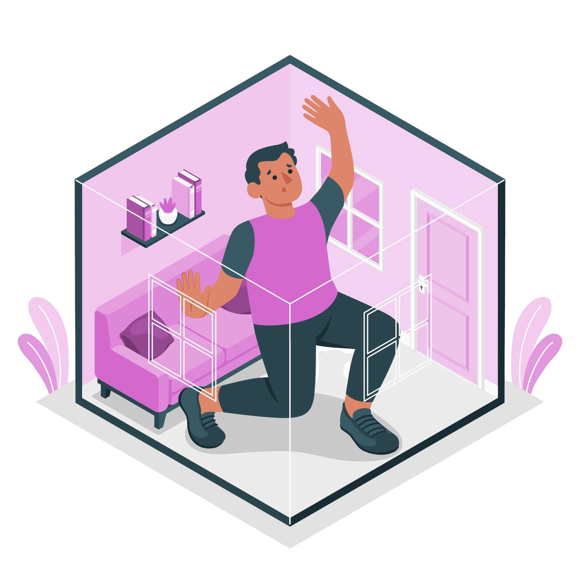 A man in a transparent box, symbolizing breaking out of his comfort zone.