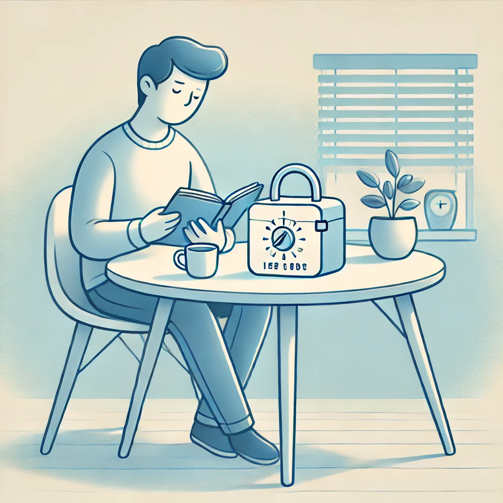 A man sitting calmly at a table, reading a book beside a timed lockbox, symbolizing mindfulness and control over habits.