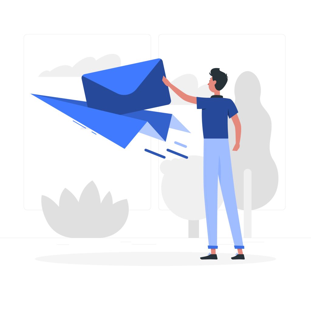 A person launching a letter with a paper airplane, symbolizing communication.