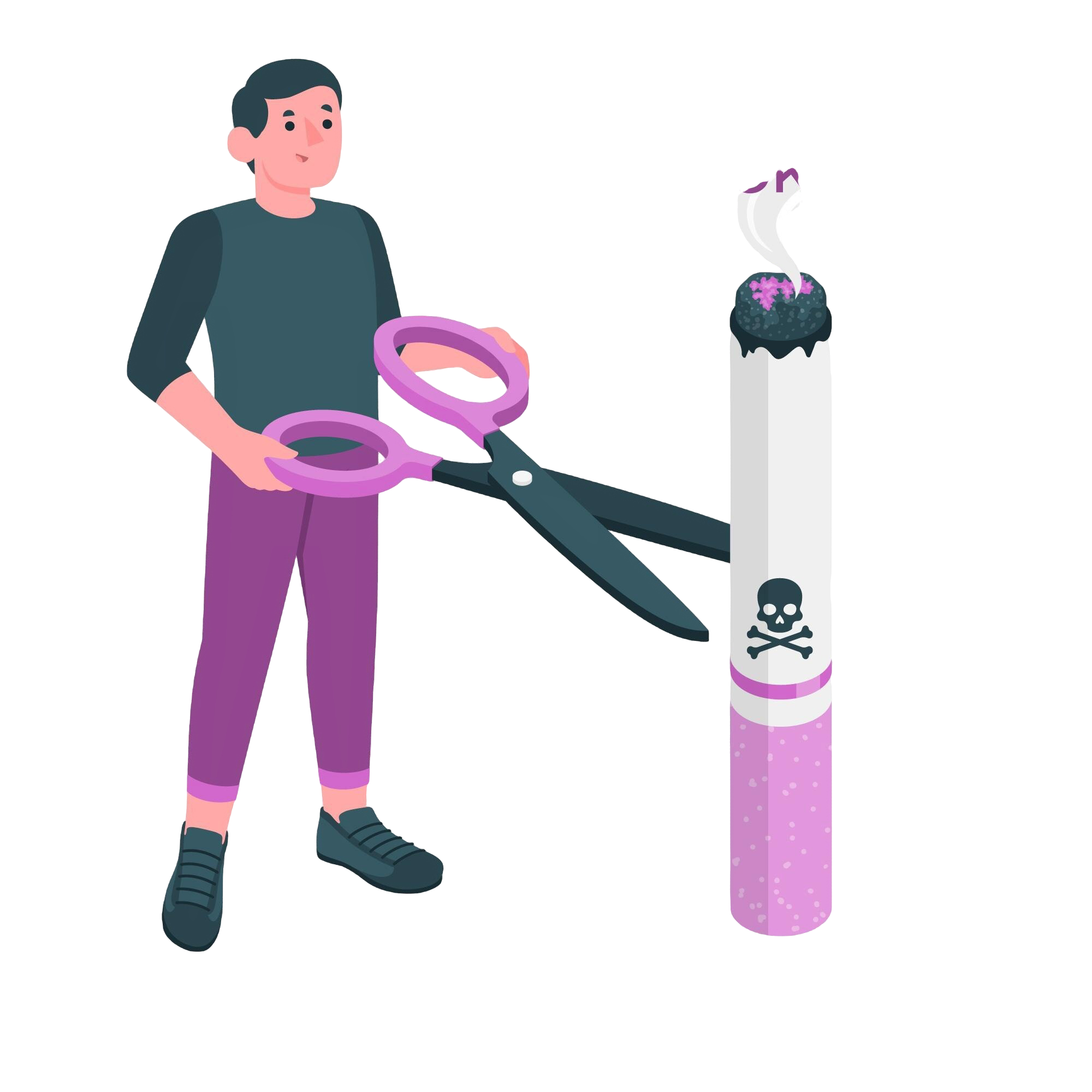 A person cutting a cigarette with oversized scissors, symbolizing quitting smoking