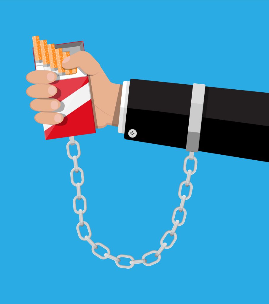 A hand tightly gripping a cigarette pack chained to it, representing the hold of smoking addiction.