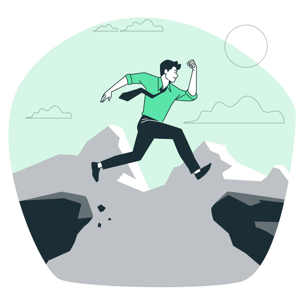 Man confidently jumping across a gap, symbolizing progress and overcoming challenges.