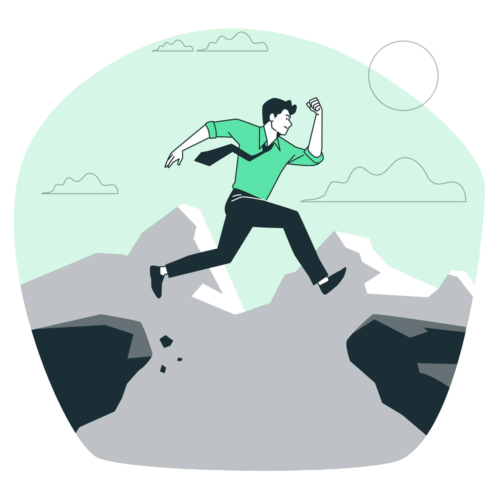 Man confidently jumping across a gap, symbolizing progress and overcoming challenges.