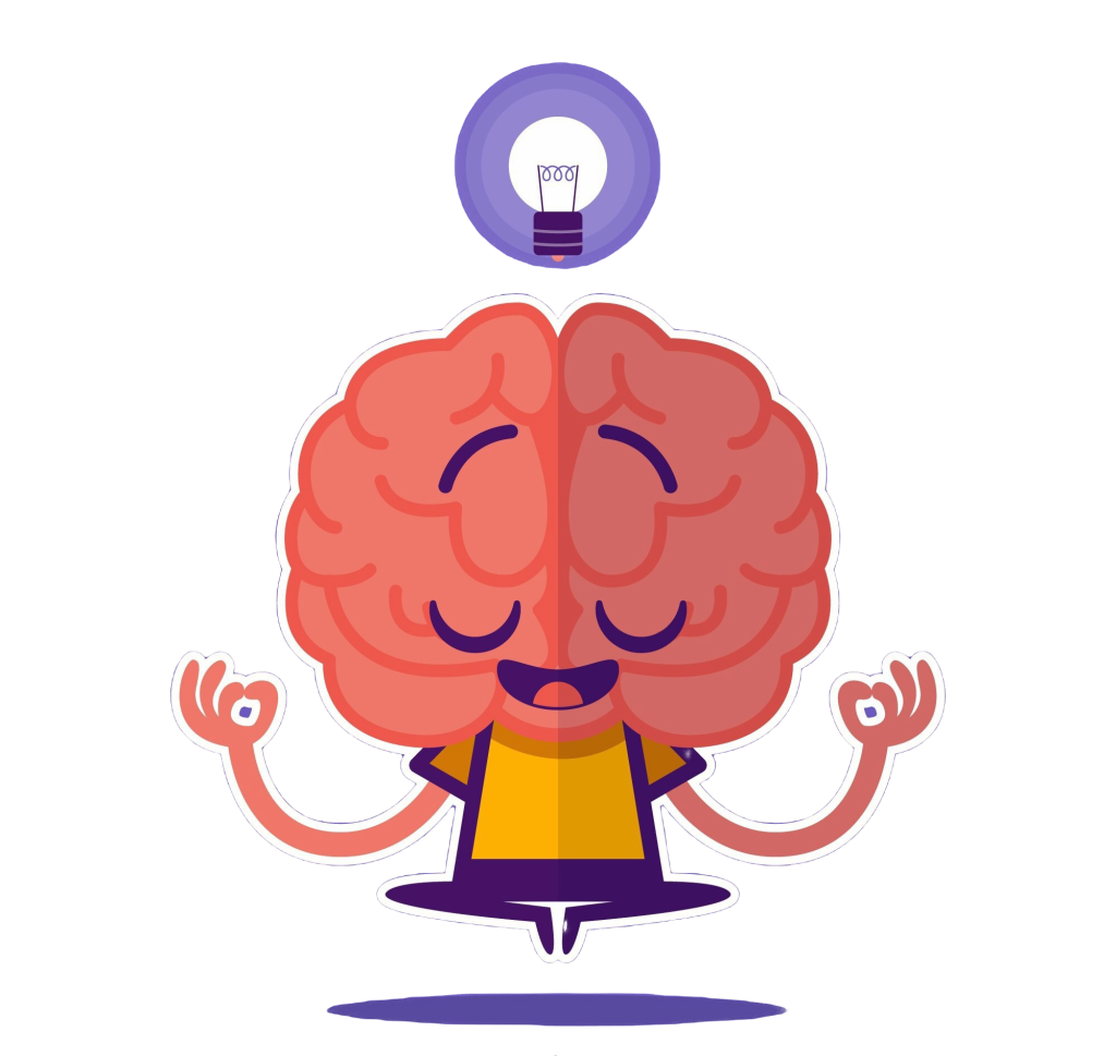 A cartoon illustration of a meditative brain sitting cross-legged with a lightbulb glowing above it, symbolizing mindfulness and clarity in decision-making