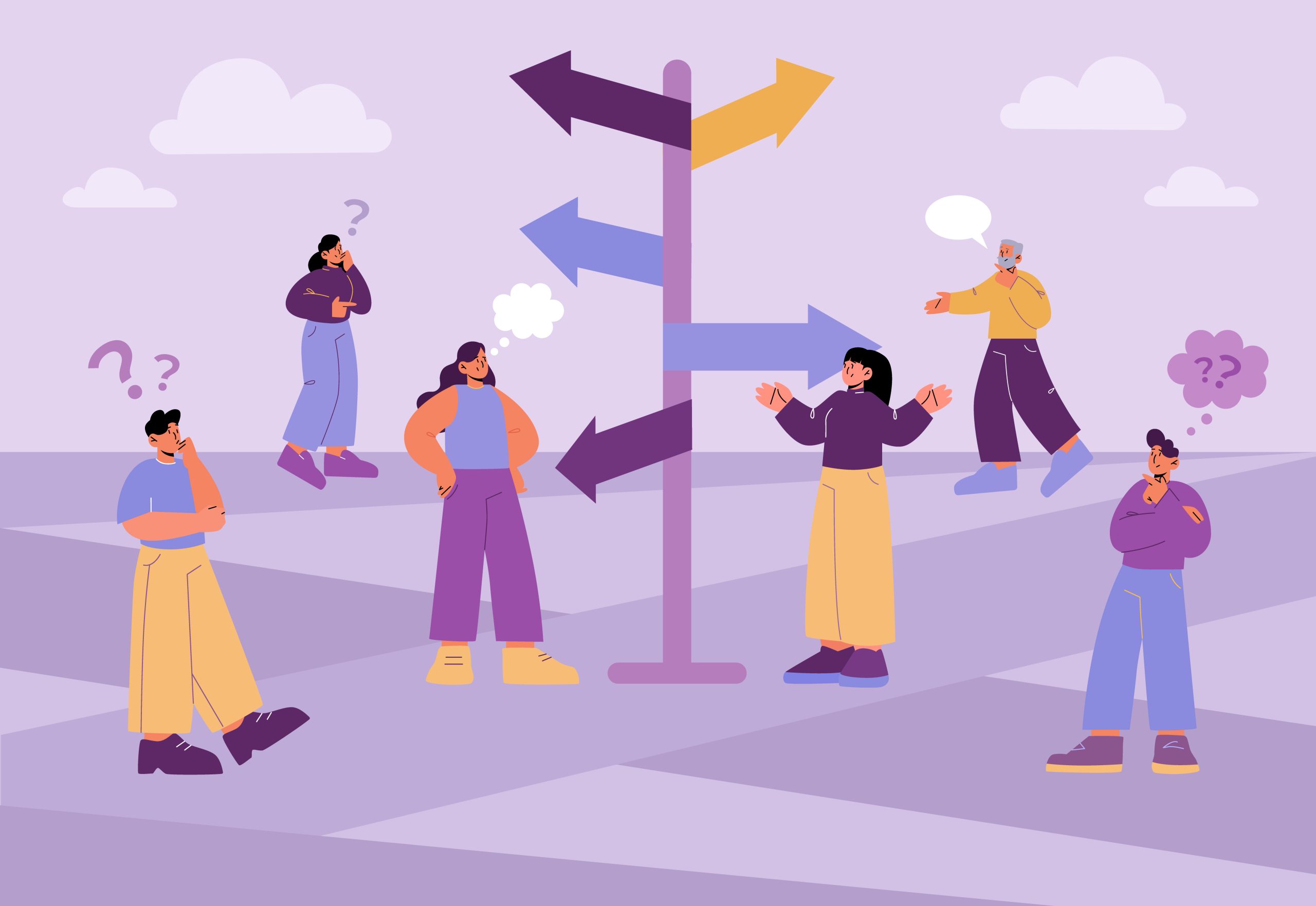 A group of people standing at a crossroads with arrows pointing in multiple directions, representing decision-making and life choices.