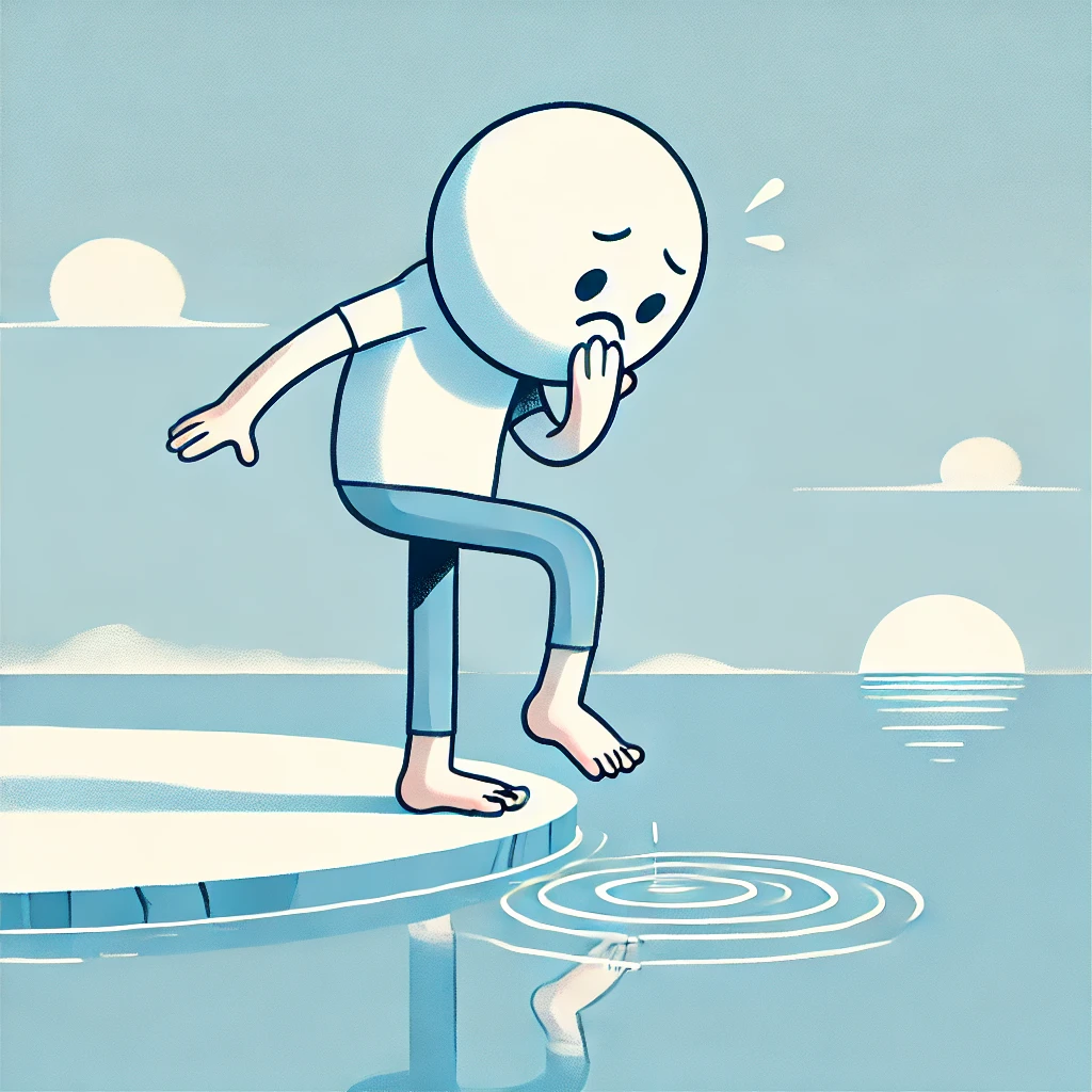 A cartoon character nervously testing the water with their toe, symbolizing hesitation before taking the first step.