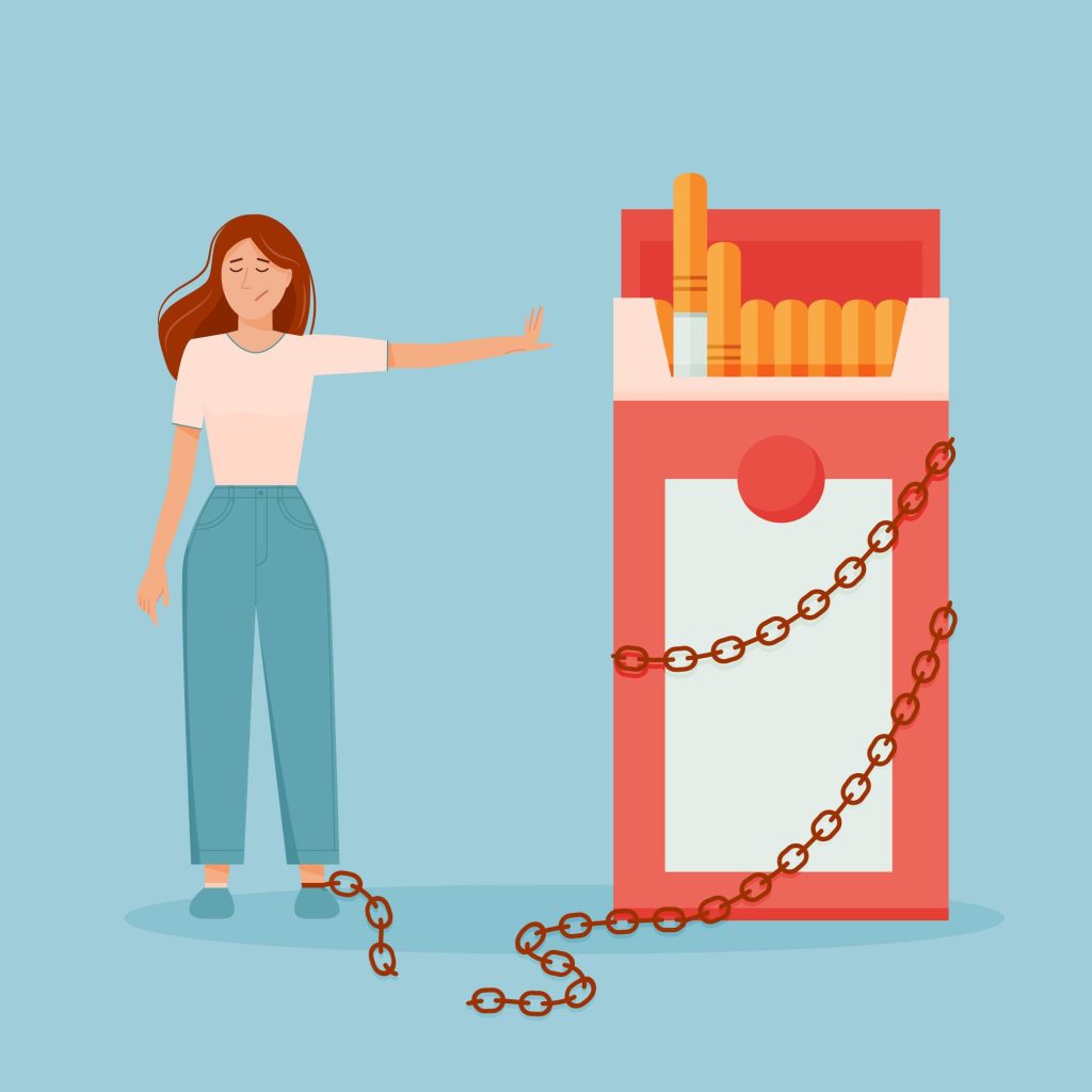 A woman gesturing to stop, with a chained cigarette pack in front of her, symbolizing her battle against smoking addiction.
