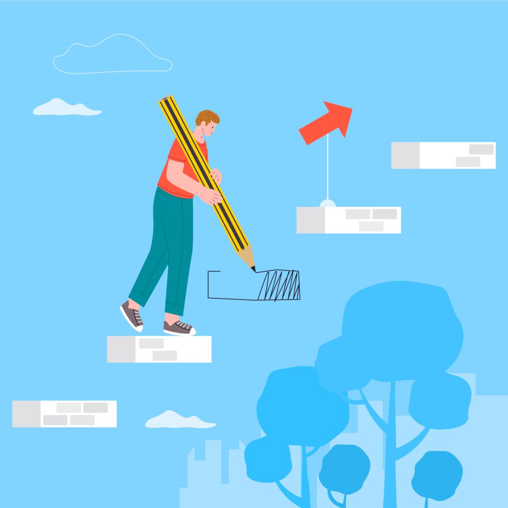 A person drawing steps in mid-air with a large pencil, symbolizing building a personal path toward success.