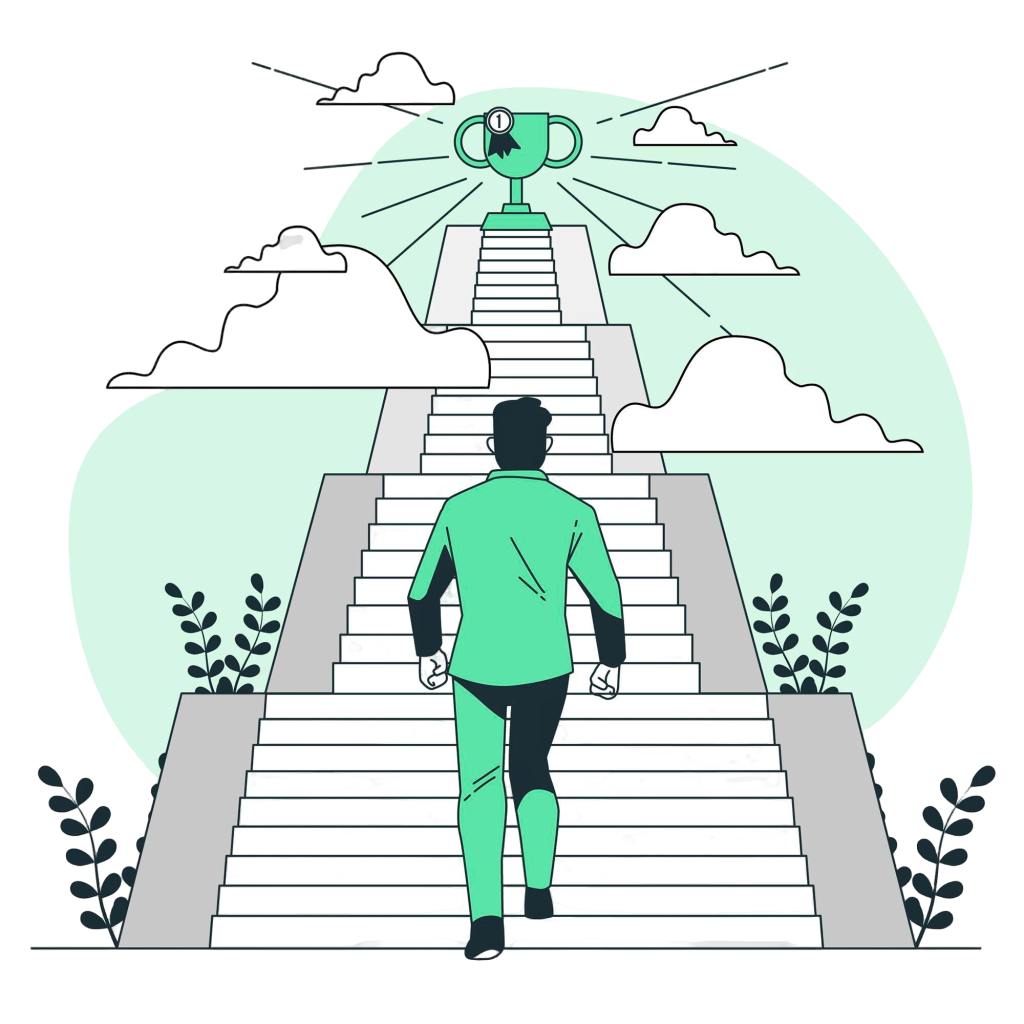 A person climbing stairs toward a trophy at the top, symbolizing the gradual journey to overcoming addiction.