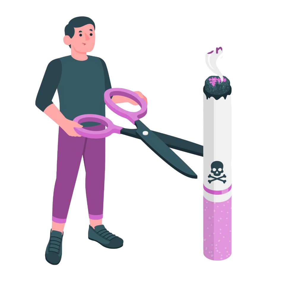 A person cutting a cigarette with oversized scissors, symbolizing quitting smoking